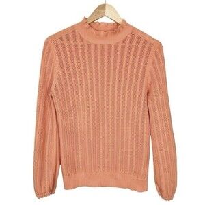 J Crew Women Ruffle Sweater M Peach Sheer Preppy Pastel Pointelle 100% Cotton